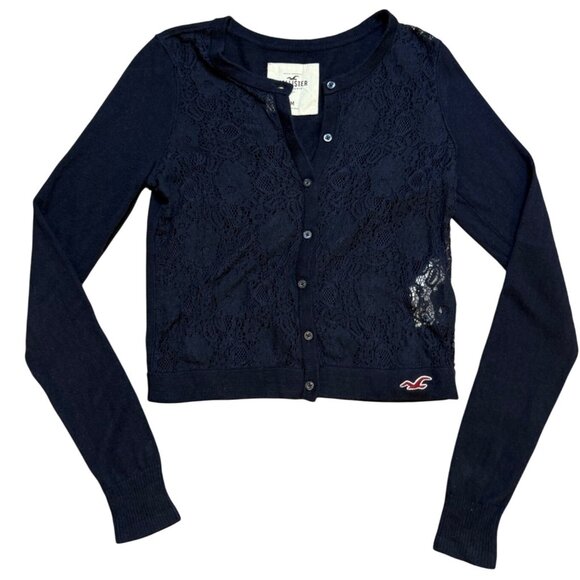 Y2K Hollister Navy Blue Lace Front Button Cardigan Sweater M - Picture 1 of 6